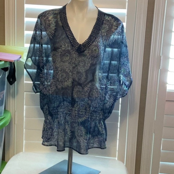 a.n.a Blue Sheer Blouse with Short Sleeves - Picture 1 of 8